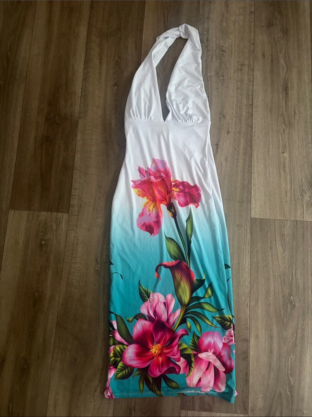 Fashion Nova White to Teal Ombre Backless Halter Floral Maxi Dress